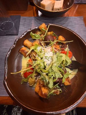 Gnocchi au gratin, with brussel sprouts, tomatoes, meatballs, rocket(arugula) and a pesto sauce  at The Botanist in Zadar