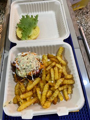 Burger and Fries  at V9 Food Co in Port Of Spain