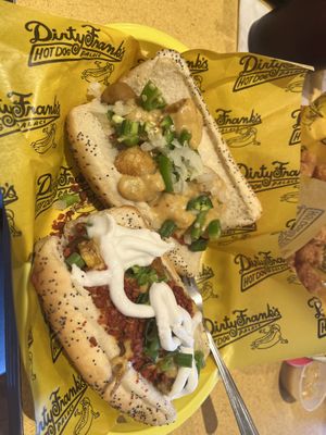 Totcho dog and loaded potato dog  at Dirty Franks Hot Dog Palace in Columbus