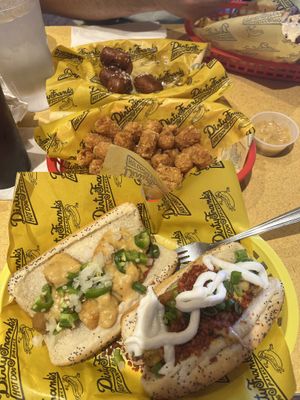 Totcho dog, loaded potato dog, tater tots, and pretzel bites with vegan cheesee  at Dirty Franks Hot Dog Palace in Columbus