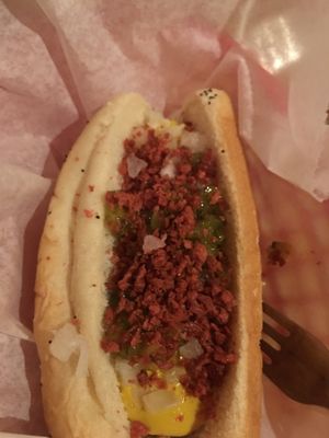 I opted for bacon bits on the all American vegan  at Dirty Franks Hot Dog Palace in Columbus