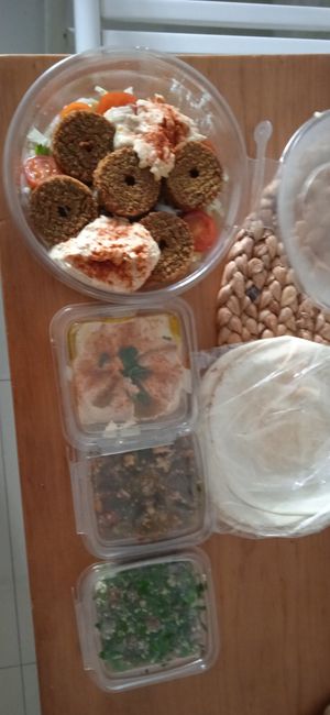 Falafel sale, humus, babaganous and tabouleh at Aleppo in Buenos Aires