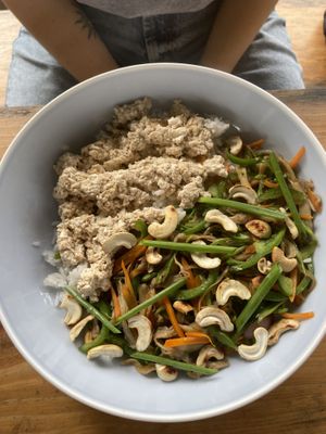 Cashew Stir fry with vegan scrambled egg  at Vegan Tranquil Rose in Kandy