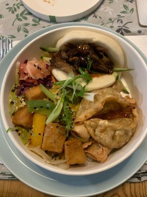 Oriental box with jarg peking duck bao  at Forked Up Vegan Kitchen - Blackstock Market in Liverpool