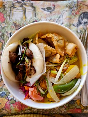 The oriental box with hoisin duck bao bun at Forked Up Vegan Kitchen - Blackstock Market in Liverpool