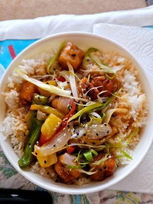 Sweet and sour tofu at Forked Up Vegan Kitchen - Blackstock Market in Liverpool