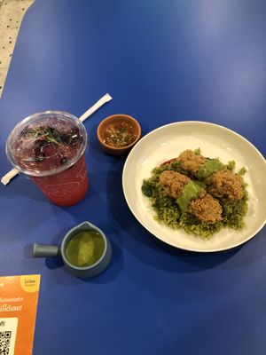 Green curry rice with vegan chicken strips   at alt.Eatery in Bangkok