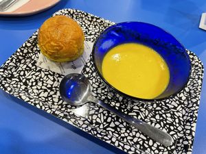 Pumpkin soup and love bread, 75 baht  at alt.Eatery in Bangkok