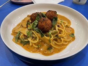 Linguini tom yum topped with tom yum meatball, 160 baht  at alt.Eatery in Bangkok