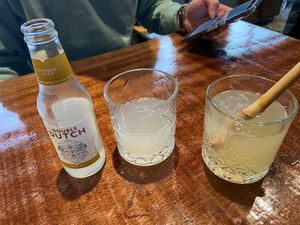 A spicy ginger beer (indeed spicy) and Kefir with apple (nice fermented flavour)  at Cravings For Green in Ede