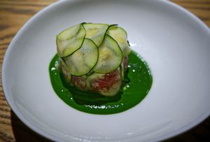 smoked & poached tomatoes, house ricotta, courgette at Plates in London