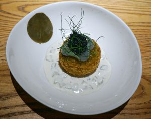 crispy potato & pea fritter, seaweed caviar at Plates in London