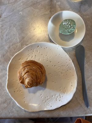 Course 3) house laminated sourdough with whipped spirulina butter  at Plates in London