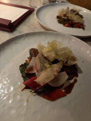 Caramelised lion's mane, barbecued aubergine, salsa verde, romesco sauce, tokyo turnip & castelfranco  at Plates in London