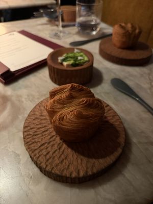 House laminated sourdough bread, whipped cultured butter & wild garlic  at Plates in London