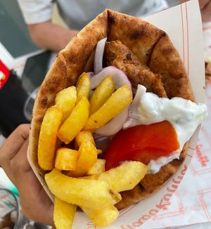 Vegan souvlaki pitta with likely non vegan tzatziki   at Ladokolla  in Kefalonia