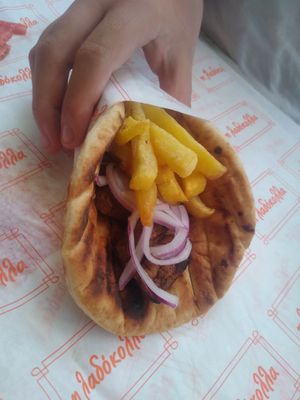 Souvlaki wrap ( 3.80 euros) at Ladokolla  in Kefalonia