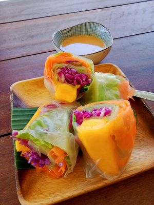 Veggie Rolls served with satay sauce (I added hot sauce and it was next level) at Goji Goji Vegan Bowl in Canggu