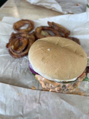 Best “burger” I have ever had and the onion rings - they had to have been homemade!  Can’t wait to go back!  at Bosky's Vegan Grill in Springfield
