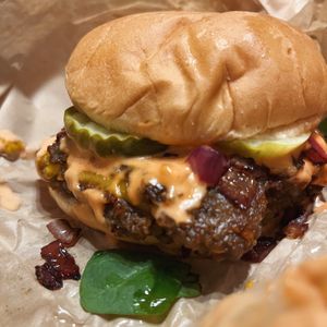 the big jake - using locally made jake's vegan burgers.  at Bosky's Vegan Grill in Springfield