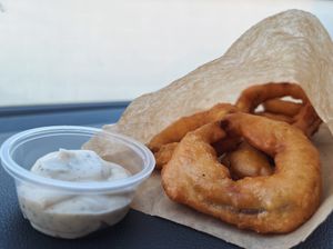 house made onion rings and aioli sauce. 
* these were the best onion rings i've ever had. at Bosky's Vegan Grill in Springfield