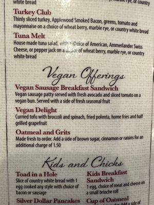 (Very limited) Vegan Menu  at The Country Corner Cafe in Saratoga Springs