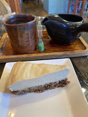 Raw cheesecake and sencha tea  at Tea Sutra Teahouse in Newcastle Upon Tyne