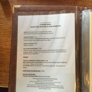 evening menu  at Tea Sutra Teahouse in Newcastle Upon Tyne