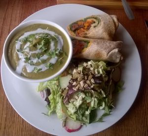 Broccoli and Almond Soup with Hummus, spinach and roasted Mediterranean vegetable wrap at Tea Sutra Teahouse in Newcastle Upon Tyne