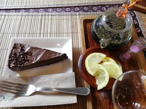 Butterfly pea flower tea and avocado choc torte at Tea Sutra Teahouse in Newcastle Upon Tyne