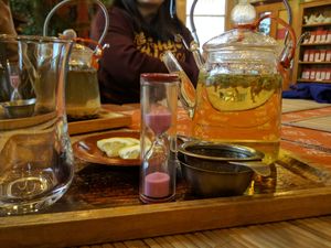 Pot of Tea with instructions on steeping time at Tea Sutra Teahouse in Newcastle Upon Tyne