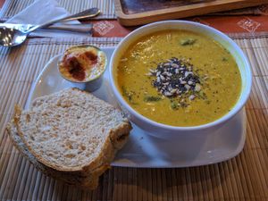 Lentil, carrot and spinach soup served with bread and homemade hummus [£4.80] at Tea Sutra Teahouse in Newcastle Upon Tyne