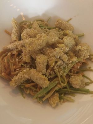 Zucchini pasta with sesame crispy sticks at Nebos in Kyiv