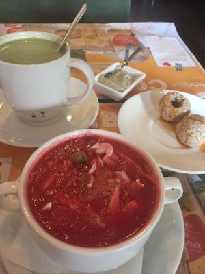 Borscht and Matcha tea at Nebos in Kyiv