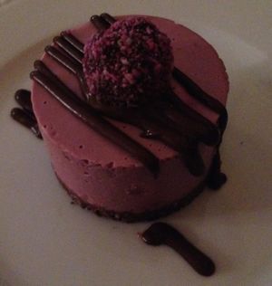 Raspberry cake at Nebos in Kyiv