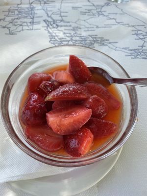 Free desert, strawberry’s in orange juice   at Paradise Beach  in Kefalonia