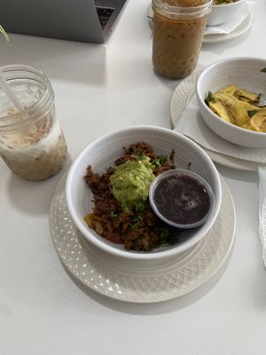 Protein bowl with veg chorizo and a side of beans  at Unataza Coffee in Dayton