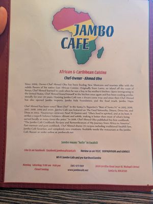 Menu   at Jambo Cafe in Santa Fe