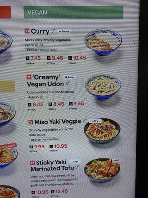 Vegan menu  at Marugame Udon - The O2 in South East London