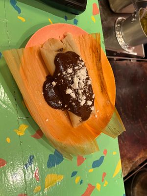 TAMALES de MOLE POBLANO. Delicious cacao mole sauce, absolutely the stand out hit of the menu! at PIA in New York City