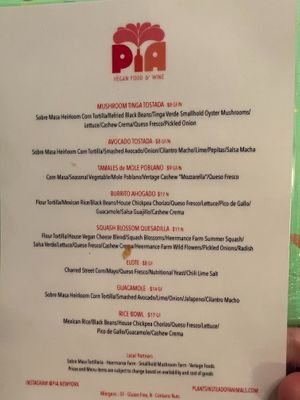 Pia menu as of June 2022. at PIA in New York City