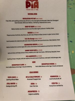 Drink menu  at PIA in New York City