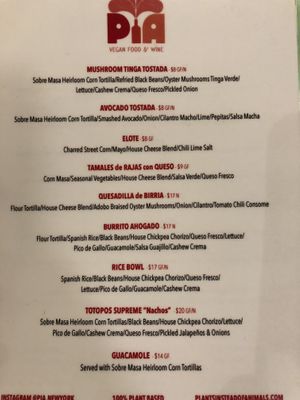 Food menu  at PIA in New York City