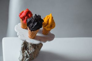 Vegan strawberry, mango, and "Dark Side" chocolate served on gluten-free vegan cones. at Snow Pure Ice Cream in Mykonos
