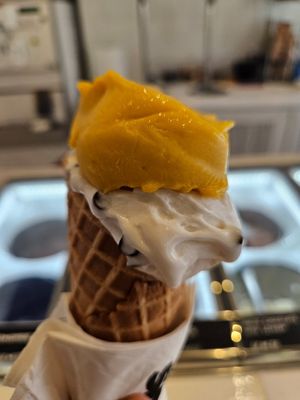 Mango & coconut dark choc chip sorbets at Snow Pure Ice Cream in Mykonos