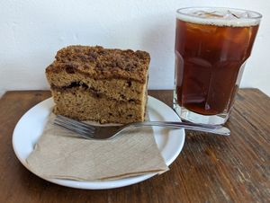 coffee cake and mint fennel herbal iced tea at The Albina Press in Portland