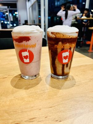 Vegan strawberry milkshake & peanut butter milkshake   at Next Level Burger - West Burnside in Portland