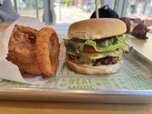 Onion rings, cheese burger with bacon (we forgot exact names)  at Next Level Burger - West Burnside in Portland