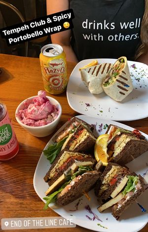 Spicy Portobello Wrap (a special of the day), Tempeh Club, and pink potato salad! at End of the Line Cafe in Pensacola