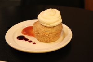 Course 3: Vegan ginger peach cake. at End of the Line Cafe in Pensacola